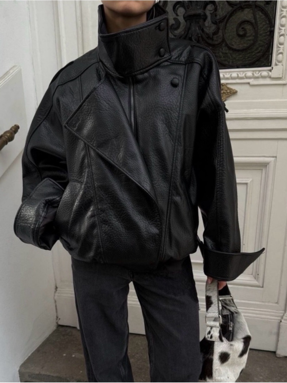 EUC Zara Black Oversized Faux Leather Bomber High-Collar Jacket - Size Small